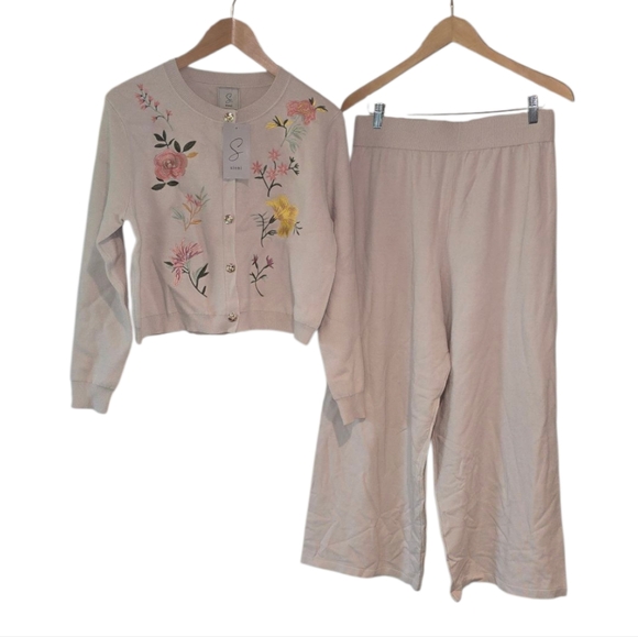 Sioni Embroidered Cardigan & Wide Leg Pants Set Beige Knit Lounge Wear Women's M